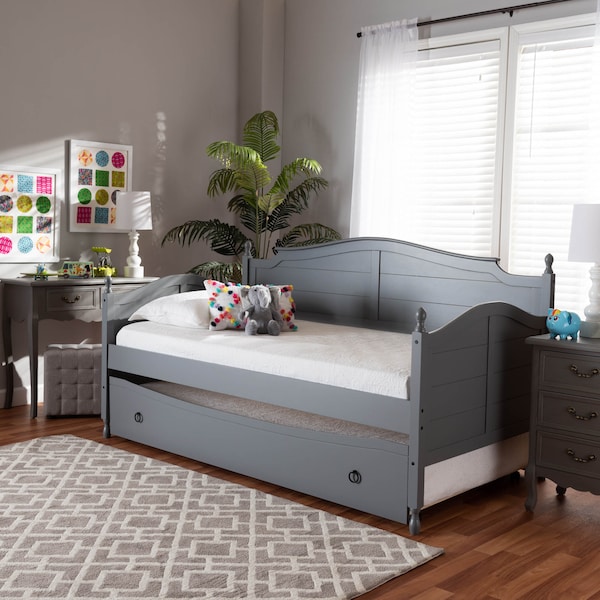 Baxton Studio Mara Grey Finished Wood Twin Size Daybed with Roll-Out Trundle Bed - 158-9627