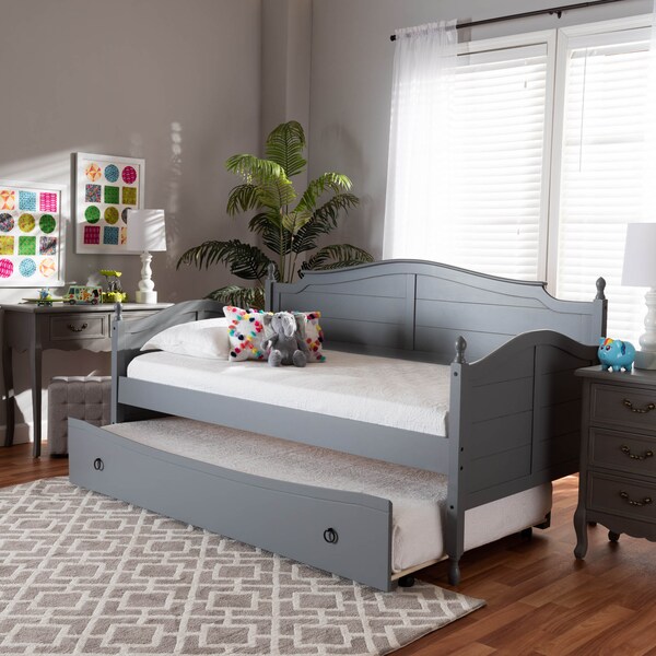 Baxton Studio Mara Grey Finished Wood Twin Size Daybed with Roll-Out Trundle Bed - 158-9627