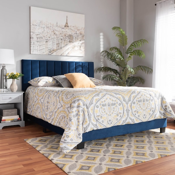 Baxton Studio Clare Navy Blue Velvet Full Size Panel Bed with Tufted Headboard - 163-10498