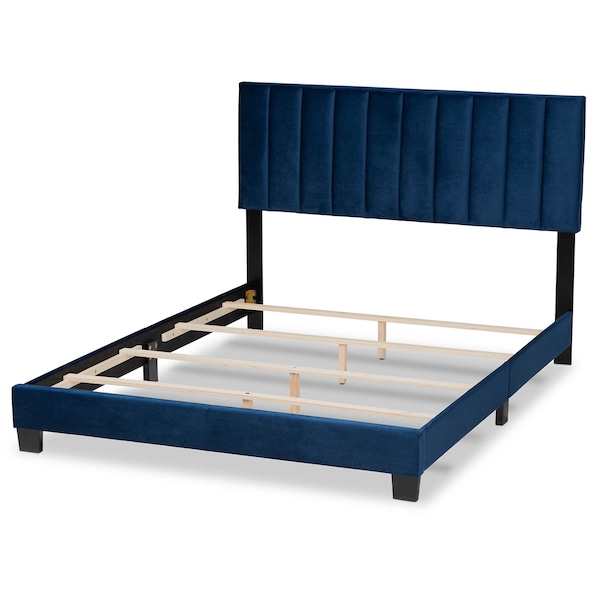 Baxton Studio Clare Navy Blue Velvet Full Size Panel Bed with Tufted Headboard - 163-10498