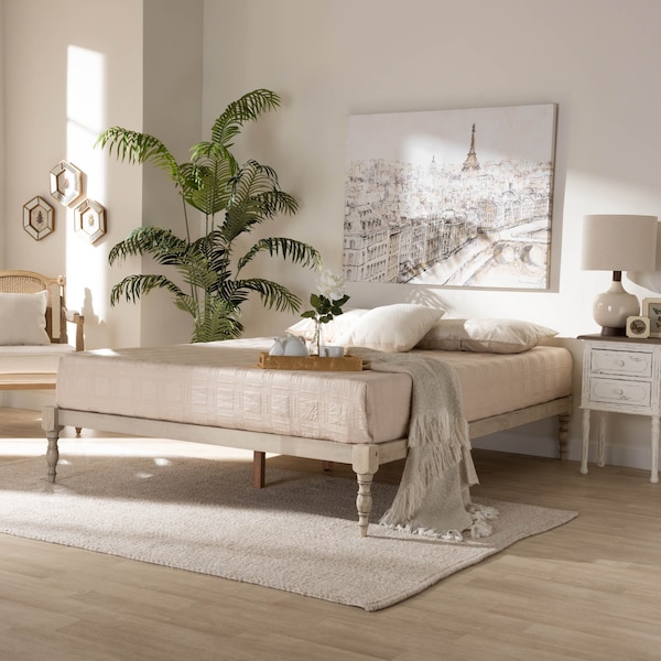 Baxton Studio Iseline Antique White Finished Wood King Size Platform Bed Frame - 160-10041