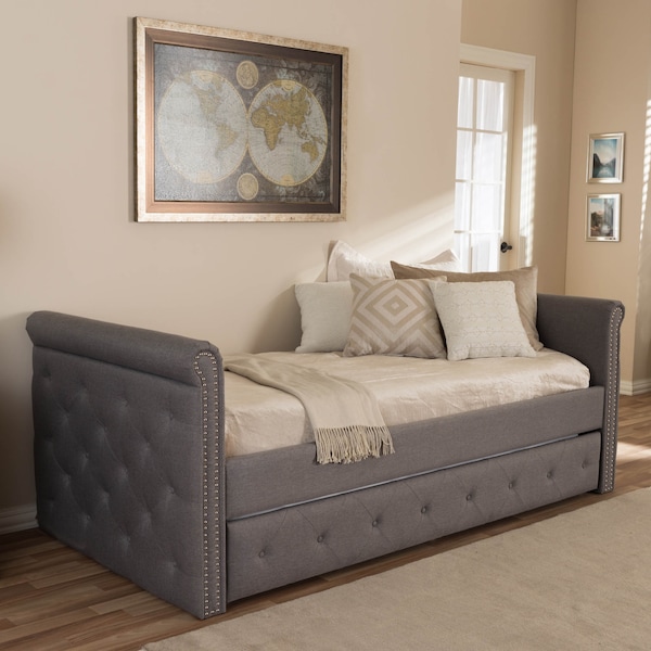Baxton Studio Swamson Grey Tufted Twin Size Daybed with Roll-out Trundle Bed - 127-7040