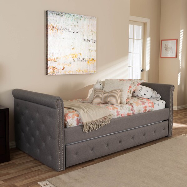 Baxton Studio Swamson Grey Tufted Twin Size Daybed with Roll-out Trundle Bed - 127-7040