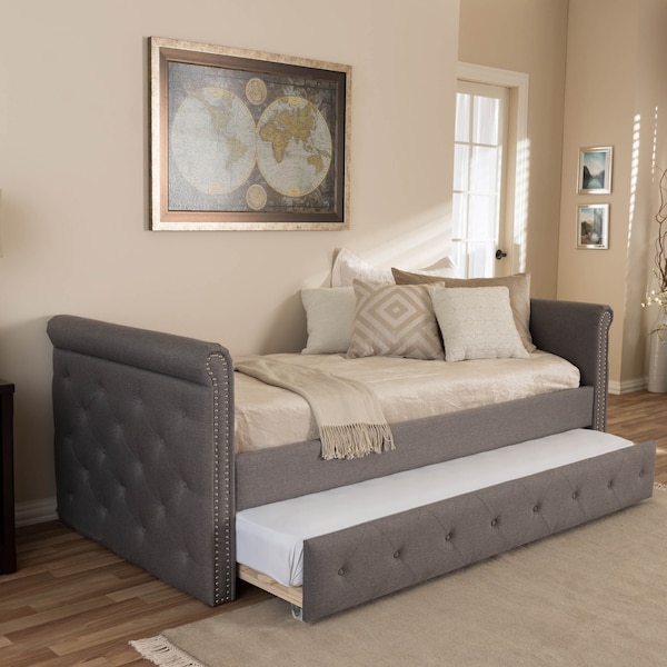 Baxton Studio Swamson Grey Tufted Twin Size Daybed with Roll-out Trundle Bed - 127-7040