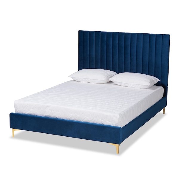 Baxton Studio Serrano Glam and Luxe Navy Blue Velvet Upholstered and Gold Metal Queen Size Platform Bed - 215-10947-ZORO