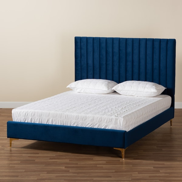 Baxton Studio Serrano Glam and Luxe Navy Blue Velvet Upholstered and Gold Metal Queen Size Platform Bed - 215-10947-ZORO
