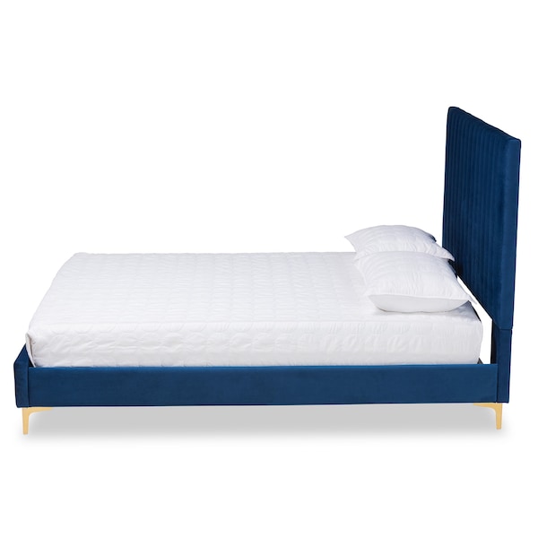 Baxton Studio Serrano Glam and Luxe Navy Blue Velvet Upholstered and Gold Metal Queen Size Platform Bed - 215-10947-ZORO