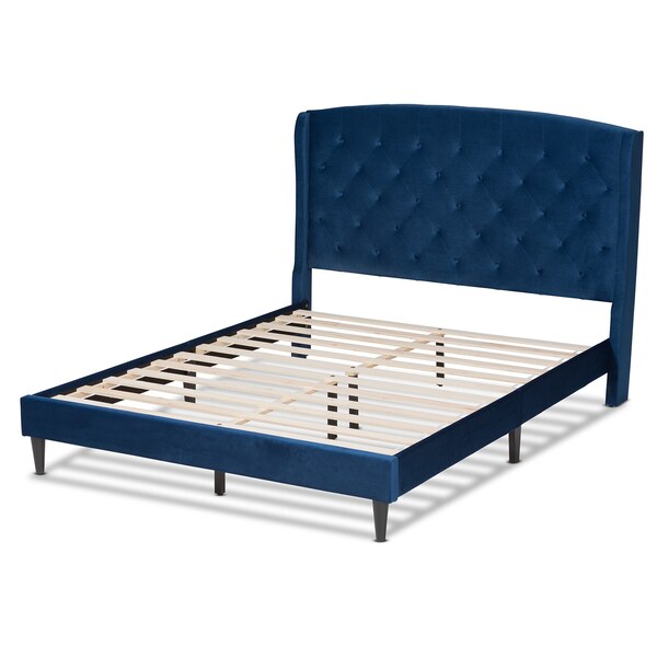 Baxton Studio Joanna Modern  Contemporay Velvet Upholstered and Dark Brown Finished Wood Platform BedQueenNavy - 215-12368-ZORO