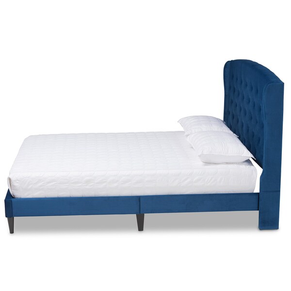 Baxton Studio Joanna Modern  Contemporay Velvet Upholstered and Dark Brown Finished Wood Platform BedQueenNavy - 215-12368-ZORO