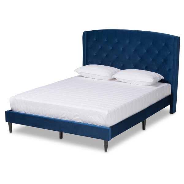 Baxton Studio Joanna Modern  Contemporay Velvet Upholstered and Dark Brown Finished Wood Platform BedQueenNavy - 215-12368-ZORO