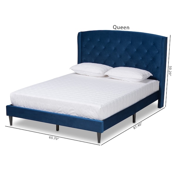 Baxton Studio Joanna Modern  Contemporay Velvet Upholstered and Dark Brown Finished Wood Platform BedQueenNavy - 215-12368-ZORO
