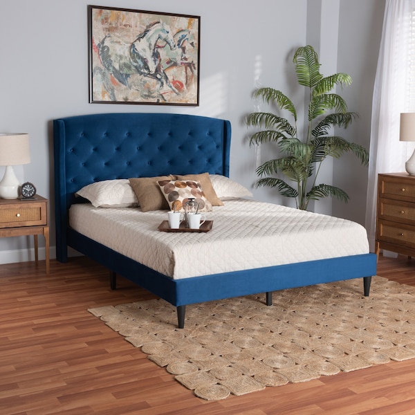 Baxton Studio Joanna Modern  Contemporay Velvet Upholstered and Dark Brown Finished Wood Platform BedQueenNavy - 215-12368-ZORO