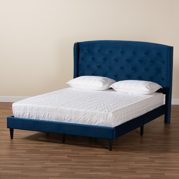 Baxton Studio Joanna Modern  Contemporay Velvet Upholstered and Dark Brown Finished Wood Platform BedQueenNavy - 215-12368-ZORO