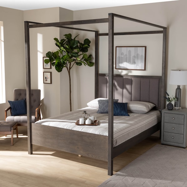 Baxton Studio Natasha Grey Upholstered and Oak Wood Queen Size Platform Canopy Bed - 167-10720