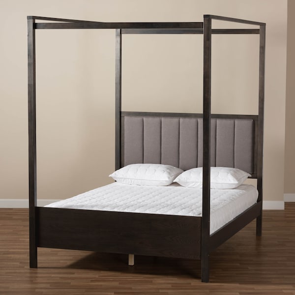 Baxton Studio Natasha Grey Upholstered and Oak Wood Queen Size Platform Canopy Bed - 167-10720