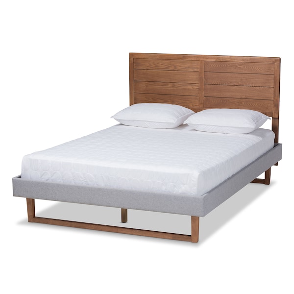 Baxton Studio Claudia Grey Upholstered and Walnut Wood Full Size Platform Bed - 164-9416-9425