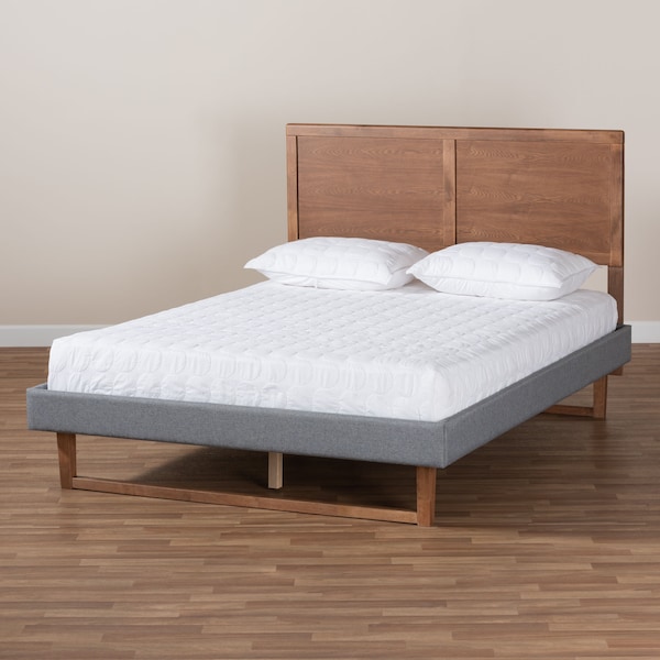 Baxton Studio Allegra Grey Upholstered and Walnut Wood Full Size Platform Bed - 164-9413-9419