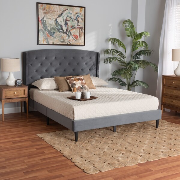 Baxton Studio Joanna Modern  Contemporay Grey Velvet Upholstered and Dark Brown Finished Wood Platform Bed King - 215-12369-ZORO