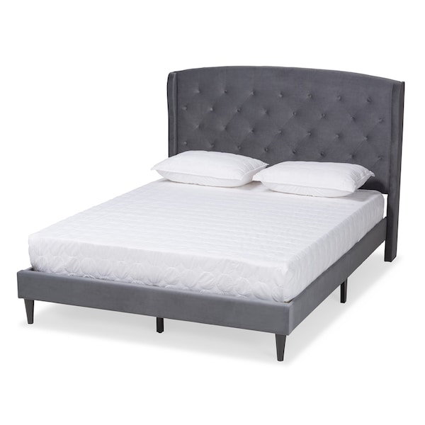 Baxton Studio Joanna Modern  Contemporay Grey Velvet Upholstered and Dark Brown Finished Wood Platform Bed King - 215-12369-ZORO