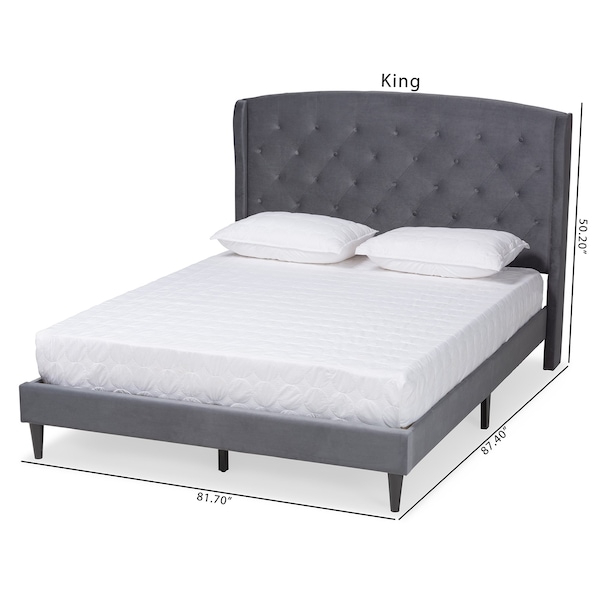 Baxton Studio Joanna Modern  Contemporay Grey Velvet Upholstered and Dark Brown Finished Wood Platform Bed King - 215-12369-ZORO