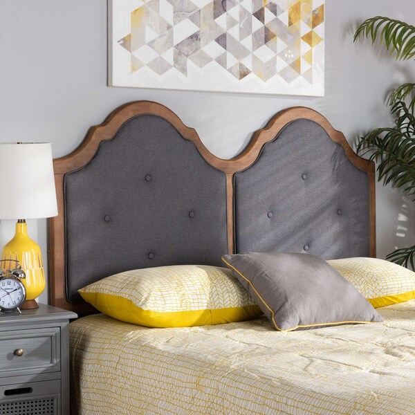Baxton Studio Falk Traditional Dark Grey Fabric Upholstered and Walnut Brown Finished Wood Arched Headboard-Queen - 191-11434-ZORO