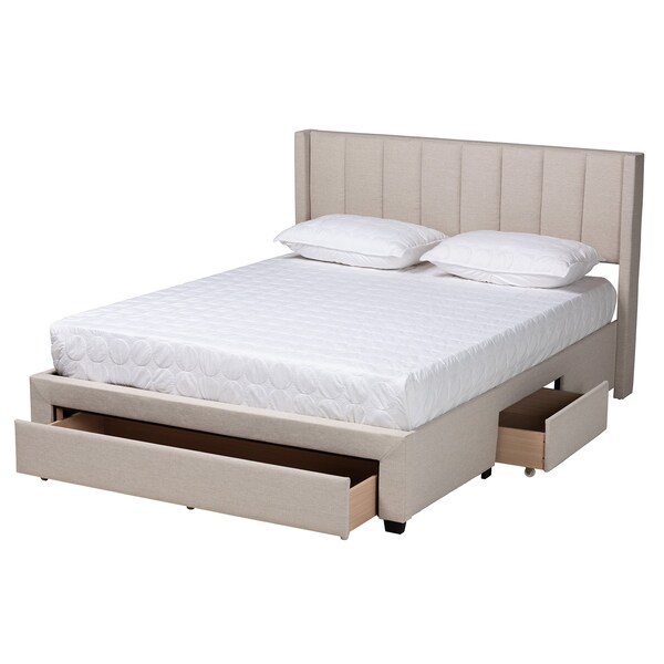 Baxton Studio Coronado MidCentury Modern Transitional Beige Fabric Queen Size 3Drawer Storage Platform Bed - 224-13083-ZORO