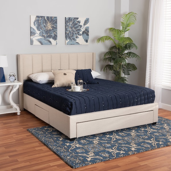 Baxton Studio Coronado MidCentury Modern Transitional Beige Fabric Queen Size 3Drawer Storage Platform Bed - 224-13083-ZORO