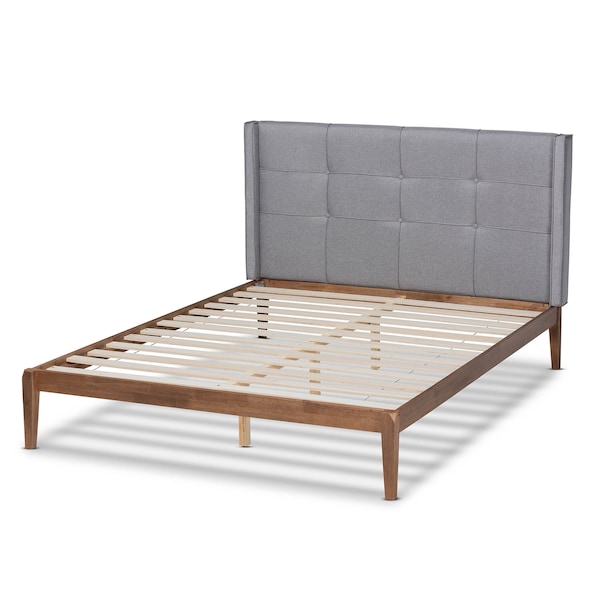 Baxton Studio Edmond Grey Upholstered and Ash Walnut Wood Full Size Platform Bed - 164-10665