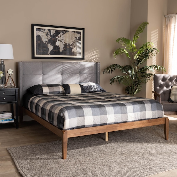 Baxton Studio Edmond Grey Upholstered and Ash Walnut Wood Full Size Platform Bed - 164-10665