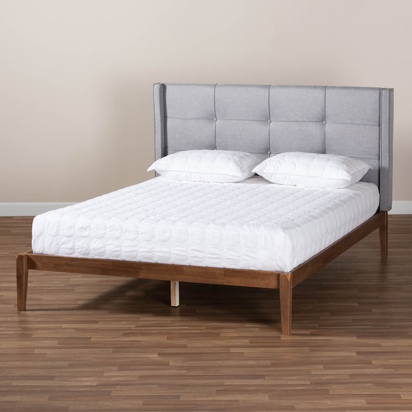 Baxton Studio Edmond Grey Upholstered and Ash Walnut Wood Full Size Platform Bed - 164-10665