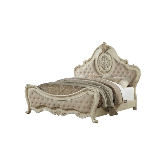 Homeroots 89 x 89 x 76 in. Beige Linen Antique White Wood Upholstery Eastern King Bed - 348210