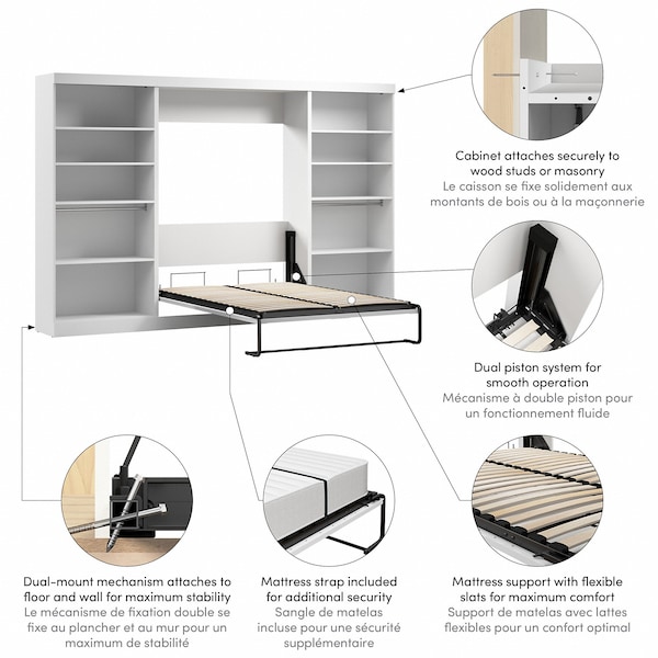 Bestar Bestar Pur Full Murphy Bed with 2 Shelving Units (131W) in White - 26895-17