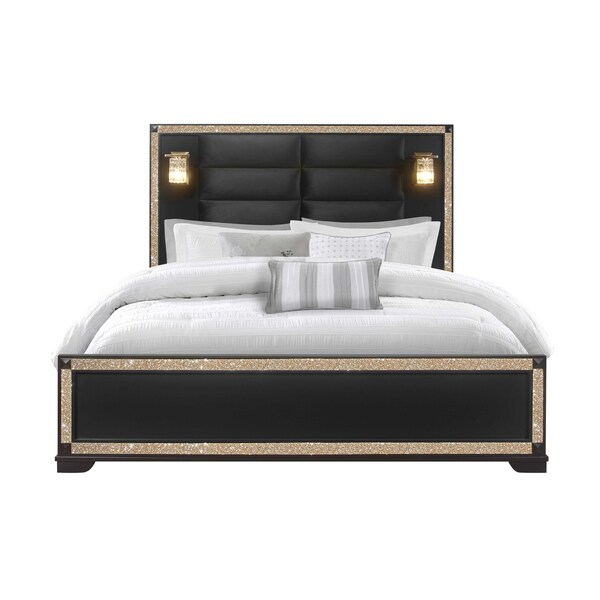 Global Furniture Usa Traditional Glam Glitter Blake Black/Gold King Bed Group With Lamps - 2771