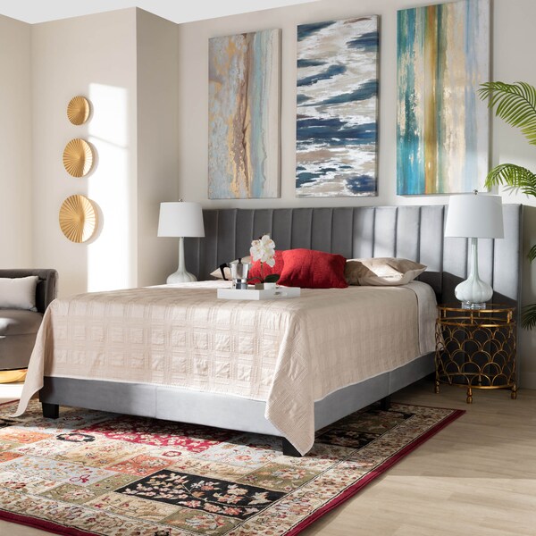 Baxton Studio Fiorenza Grey Velvet King Size Panel Bed with Tufted Headboard - 163-10497