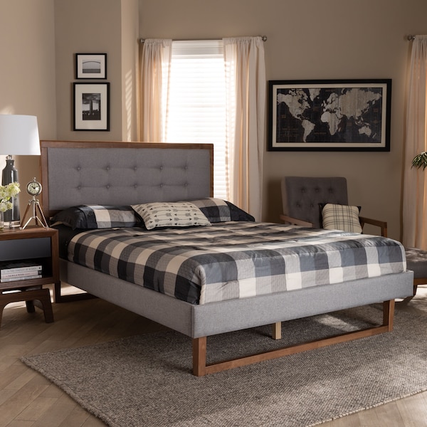 Baxton Studio Livinia Grey Upholstered and Ash Walnut Wood King Size Platform Bed - 164-9418-9436