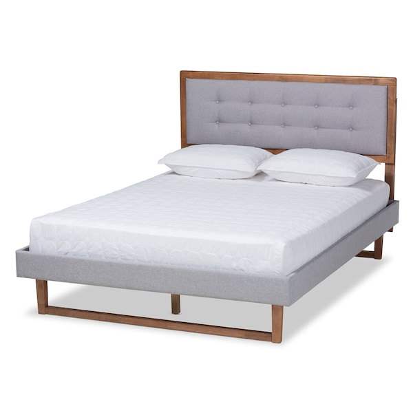 Baxton Studio Livinia Grey Upholstered and Ash Walnut Wood King Size Platform Bed - 164-9418-9436