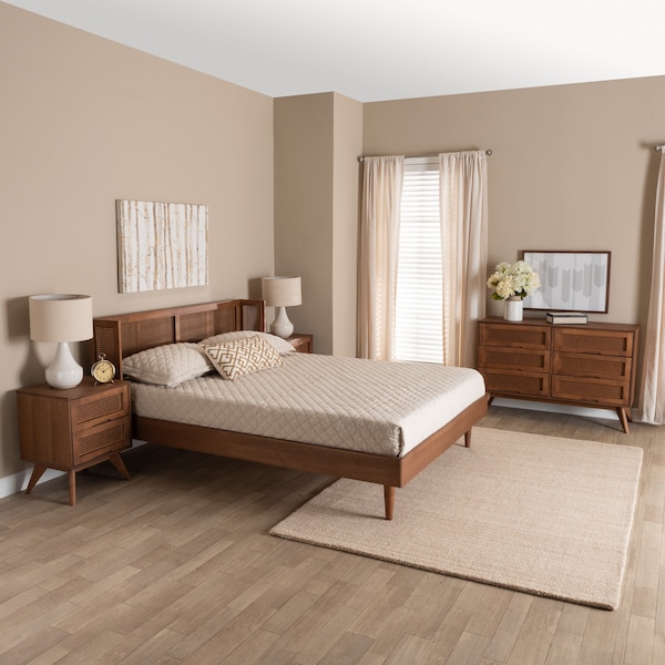 Baxton Studio Rina MidCentury Modern Ash Walnut Finished Wood 4Piece Full Size Bedroom Set with Synthetic Rattan - 223-9812-9813-11298-11300-ZORO