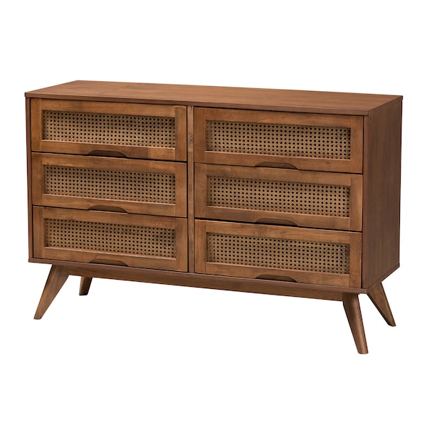 Baxton Studio Rina MidCentury Modern Ash Walnut Finished Wood 4Piece Full Size Bedroom Set with Synthetic Rattan - 223-9812-9813-11298-11300-ZORO