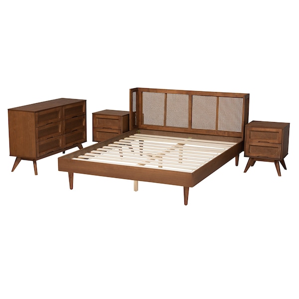 Baxton Studio Rina MidCentury Modern Ash Walnut Finished Wood 4Piece Full Size Bedroom Set with Synthetic Rattan - 223-9812-9813-11298-11300-ZORO