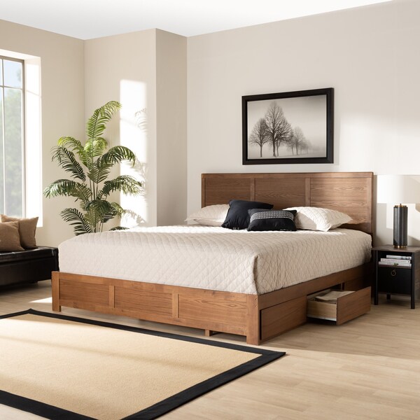 Baxton Studio Aras Modern Ash Walnut Brown Finished Wood King Size 3-Drawer Storage Bed - 180-9421-9622-ZORO