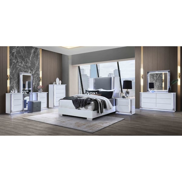 Global Furniture Usa Modern  High Gloss, Marble Ylime Smooth White Queen Bed Group With Vanity Set - 5131
