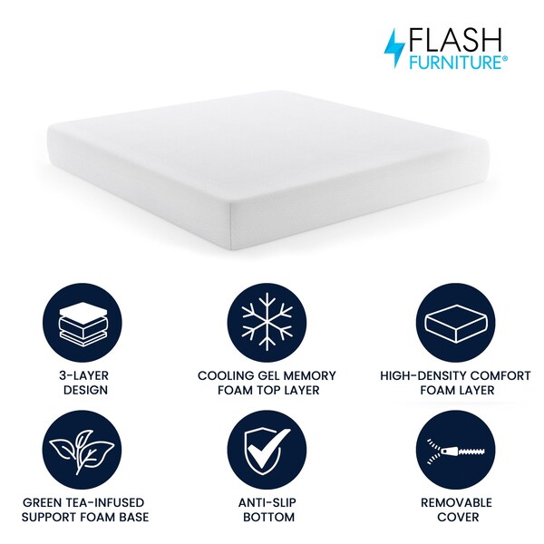Flash Furniture Cloud Green Tea Cooling Gel 3-Layer Memory Foam 10in. King Mattress in a Box, Washable Cover - CL-MFB3L-10-K-GG