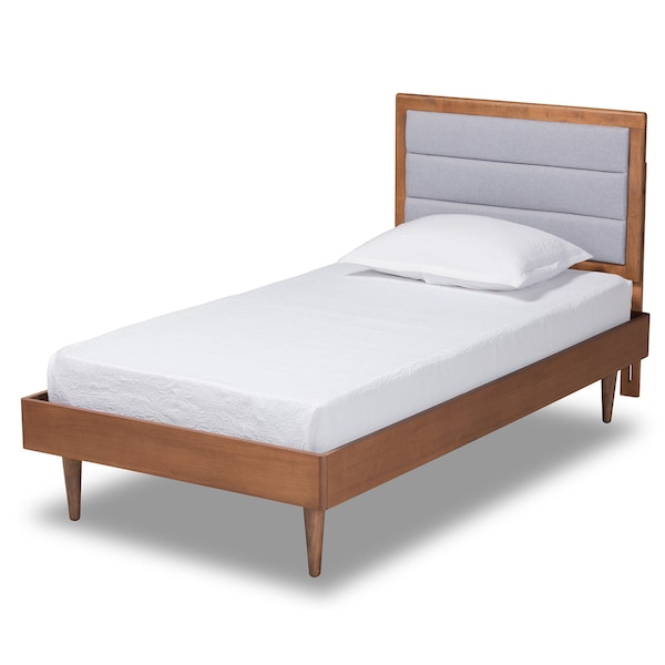 Baxton Studio Seren Mid-Century Light Grey Fabric Upholstered and Walnut Brown Finished Wood Platform Bed-Twin - 191-11530-11158-ZORO
