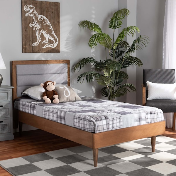 Baxton Studio Seren Mid-Century Light Grey Fabric Upholstered and Walnut Brown Finished Wood Platform Bed-Twin - 191-11530-11158-ZORO