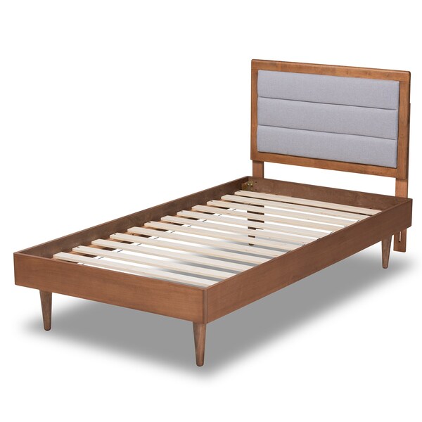Baxton Studio Seren Mid-Century Light Grey Fabric Upholstered and Walnut Brown Finished Wood Platform Bed-Twin - 191-11530-11158-ZORO