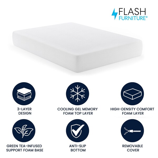 Flash Furniture Cloud Green Tea Cooling Gel 3-Layer Memory Foam 10in. Full Mattress in a Box, Washable Cover - CL-MFB3L-10-F-GG