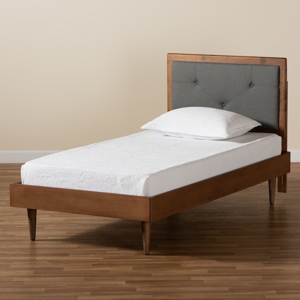 Baxton Studio Saul Mid-Century Dark Grey Fabric Upholstered and Walnut Brown Finished Wood Platform Bed-Twin - 191-11526-11158-ZORO