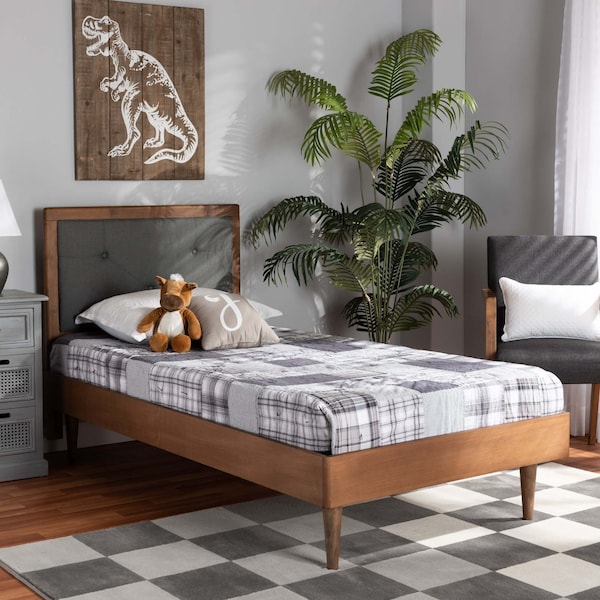 Baxton Studio Saul Mid-Century Dark Grey Fabric Upholstered and Walnut Brown Finished Wood Platform Bed-Twin - 191-11526-11158-ZORO