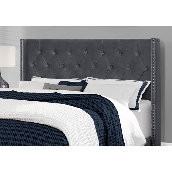 Monarch Specialties Bed, Queen Size, Platform, Bedroom, Frame, Upholstered, Velvet, Wood Legs, Grey, Chrome - I 5986Q
