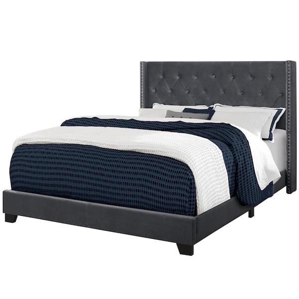 Monarch Specialties Bed, Queen Size, Platform, Bedroom, Frame, Upholstered, Velvet, Wood Legs, Grey, Chrome - I 5986Q